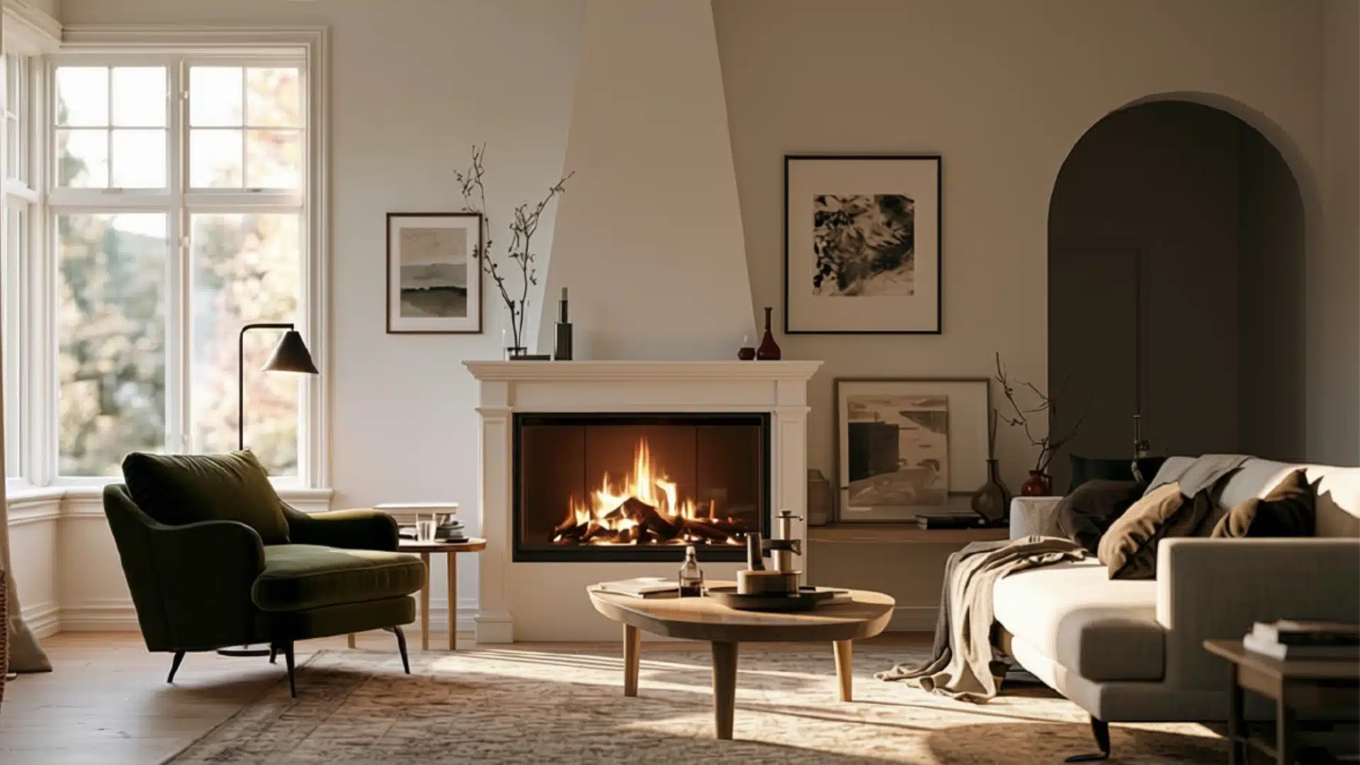Warm modern living room with a lit fireplace, green armchair, beige sofa, round coffee table, framed artwork, and sunlight streaming through a large window.