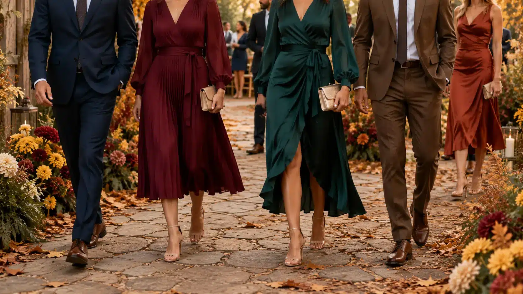 Wedding guests in autumn themed attire walk down an outdoor stone pathway strewn with fall leaves flanked by flowers and autumn decorations