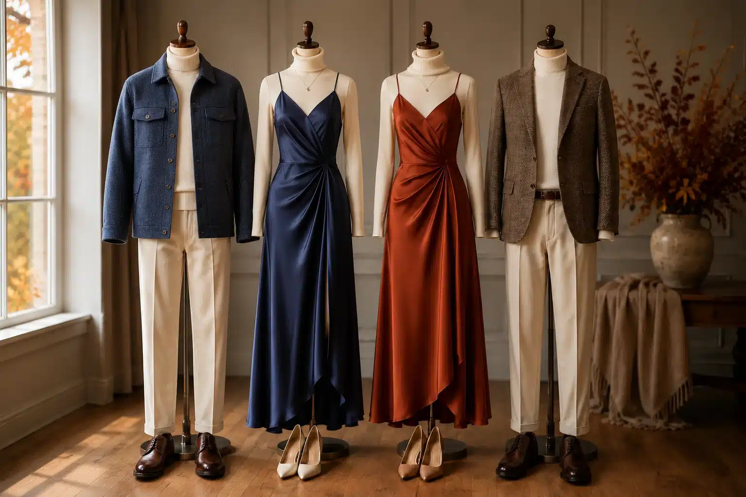 Four mannequins in a well-lit room showcase autumn outfits, featuring a blue jacket, a navy blue dress, a burnt orange dress, and a brown tweed blazer, all paired with turtlenecks and light trousers.