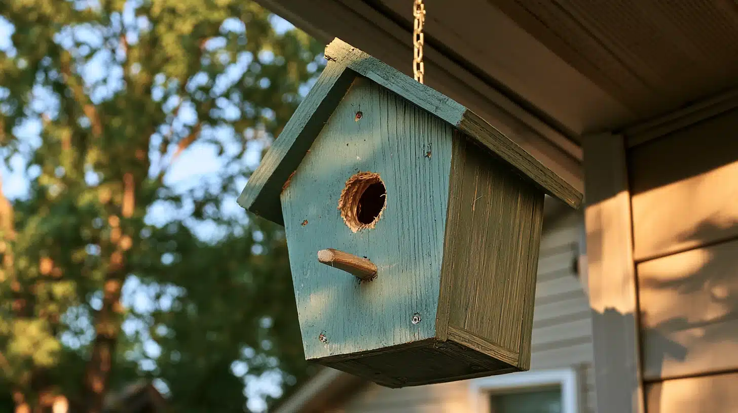 Weathered blue painted wooden birdhouse with a pitched roof hanging from a metal chain near a house