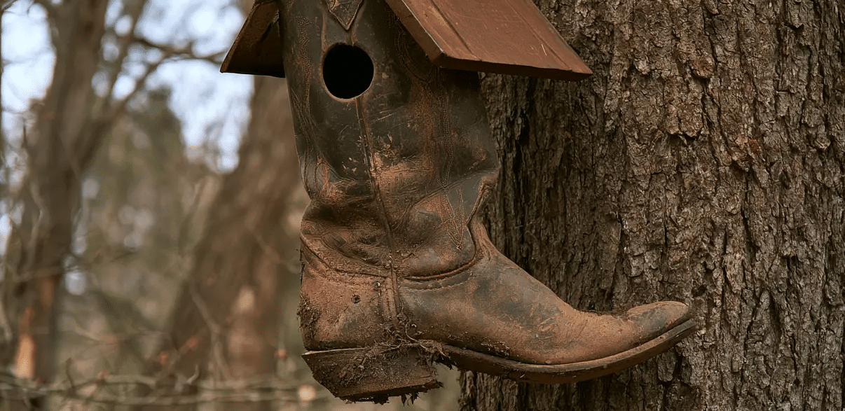 Weathered brown leather cowboy boot repurposed as a rustic birdhouse and attached to a large tree trunk.