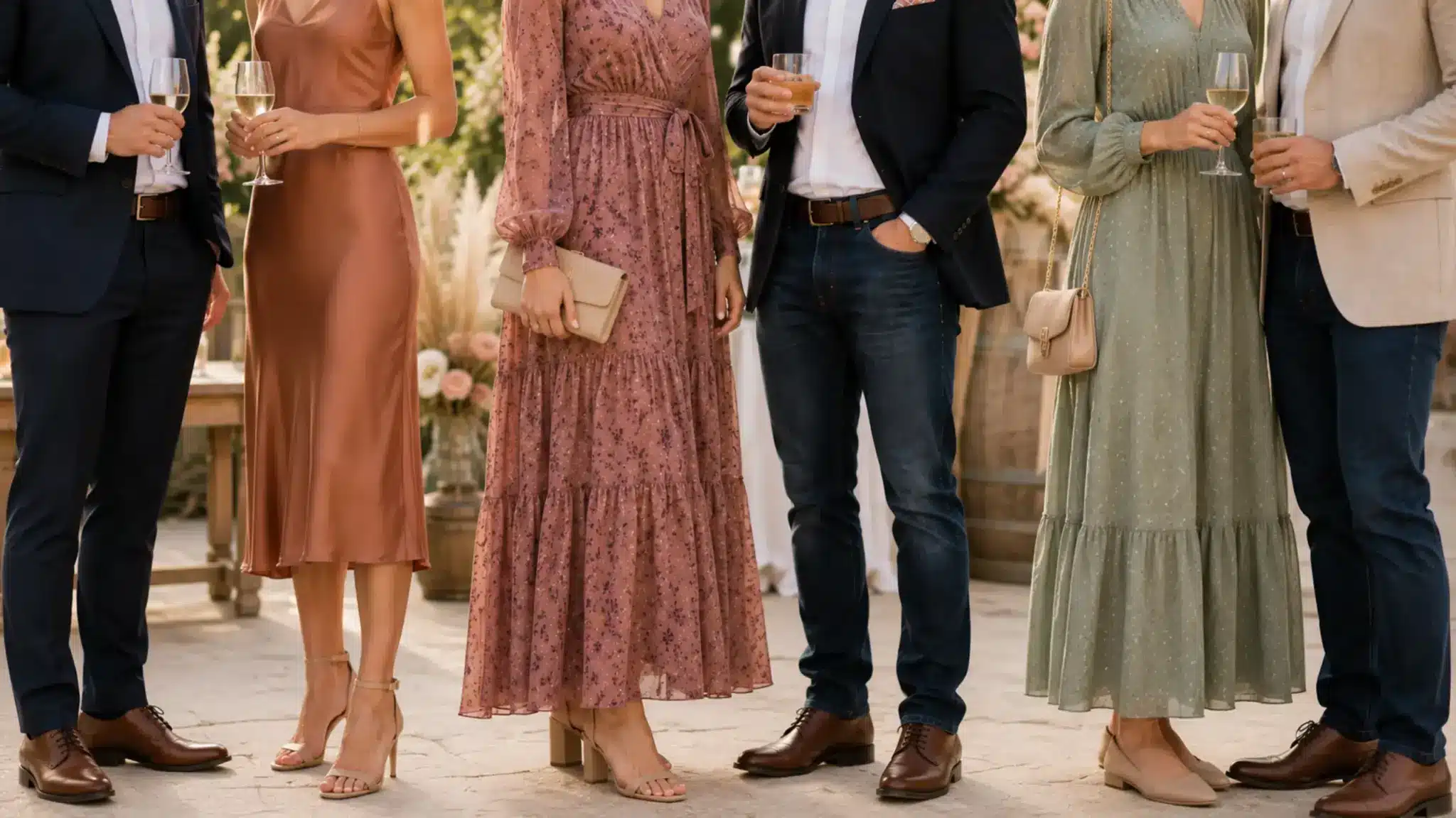 People dressed in wedding formal and casual clothing posing together in a bright elegant indoor environment