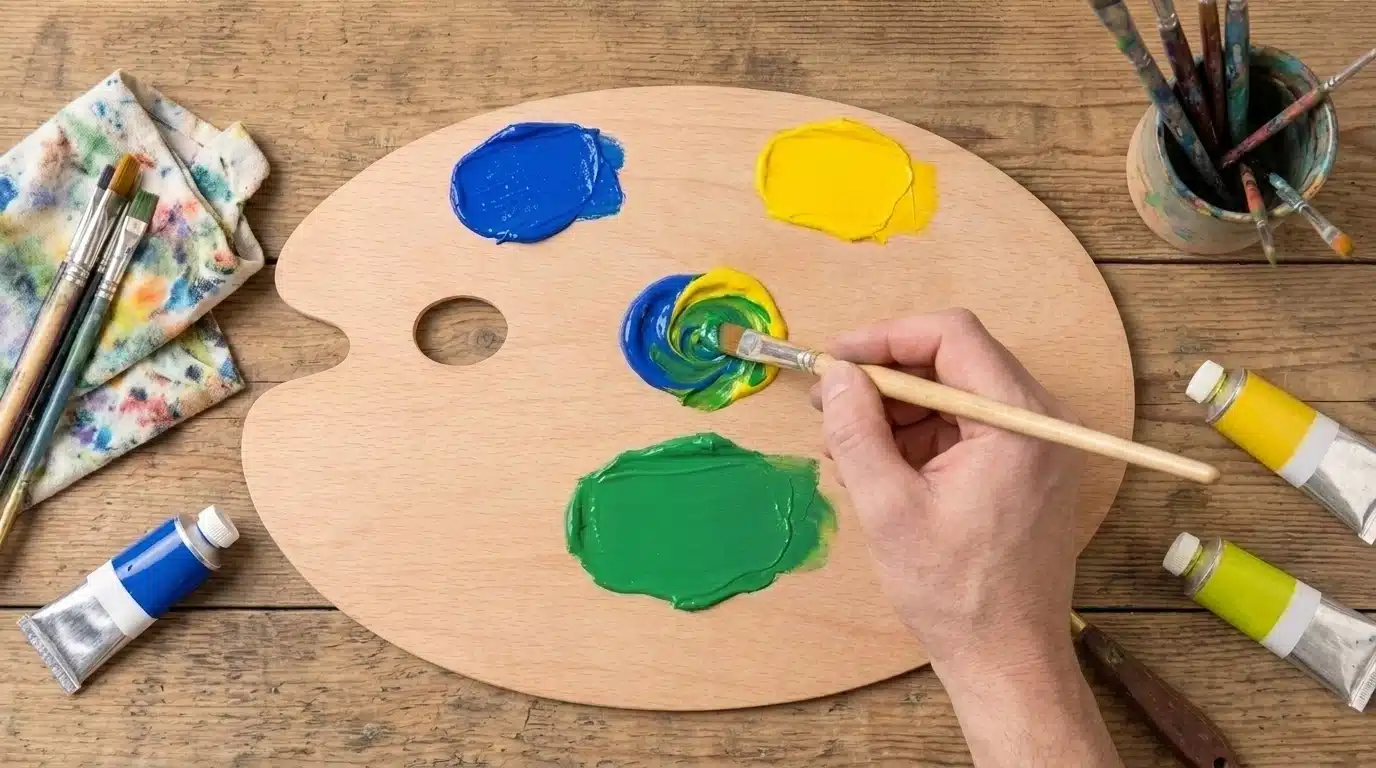 A person using a paintbrush to blend blue and yellow to make green on a wooden board, showcasing an artistic process.