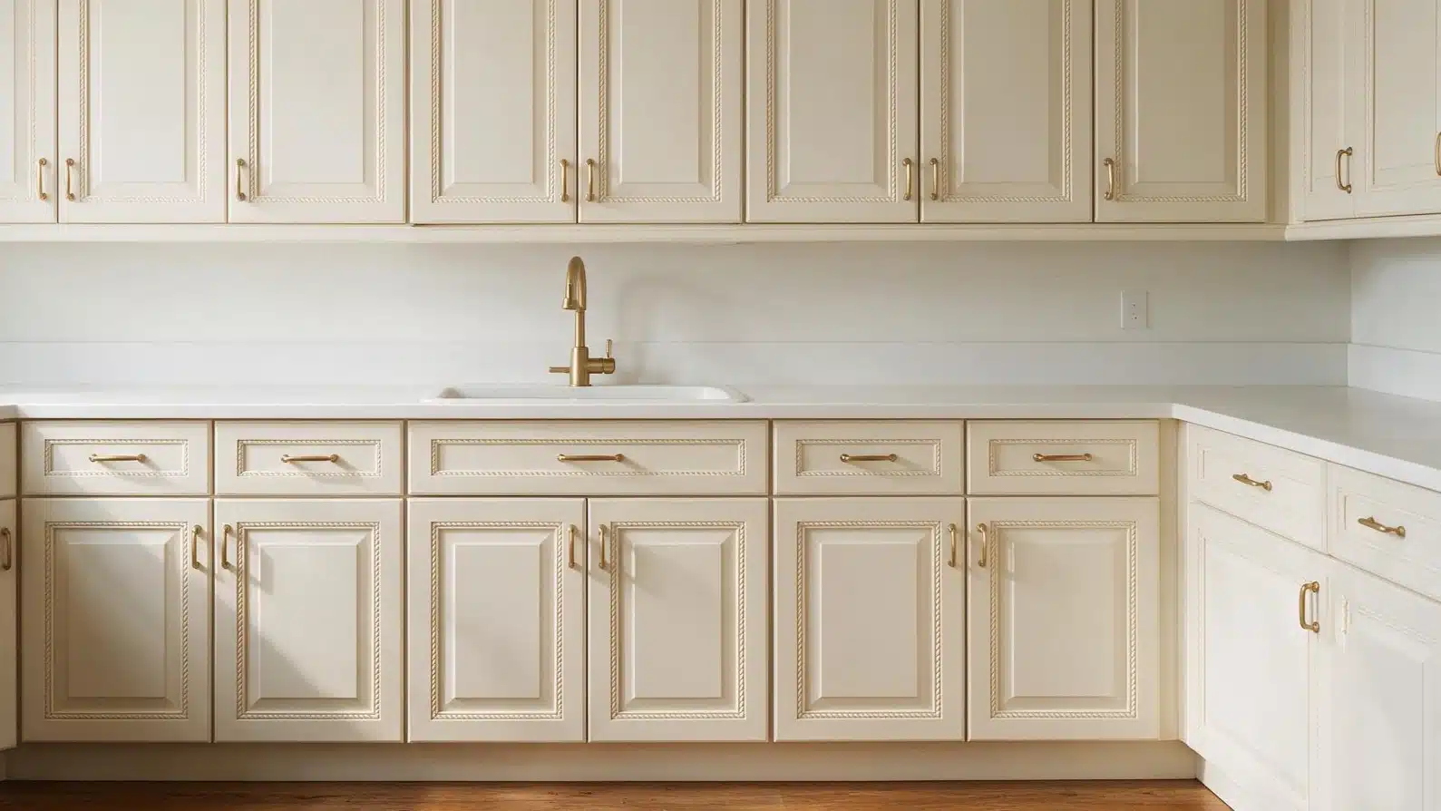 White kitchen cabinets with decorative molding and gold hardware, showcasing a modern and elegant design.