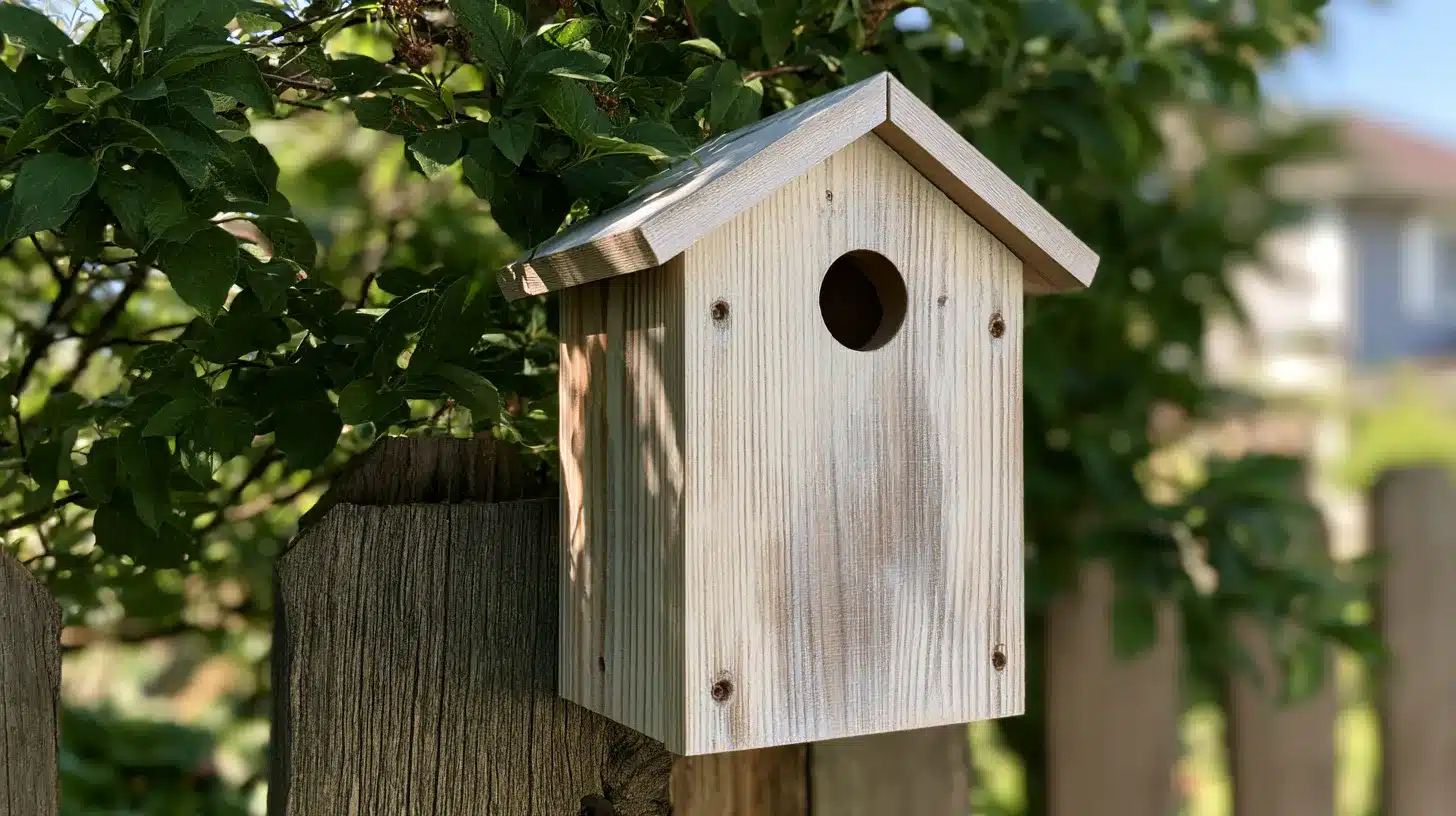 White washed cedar birdhouse with a pitched roof and round entrance hole mounted on a weathered wooden fence