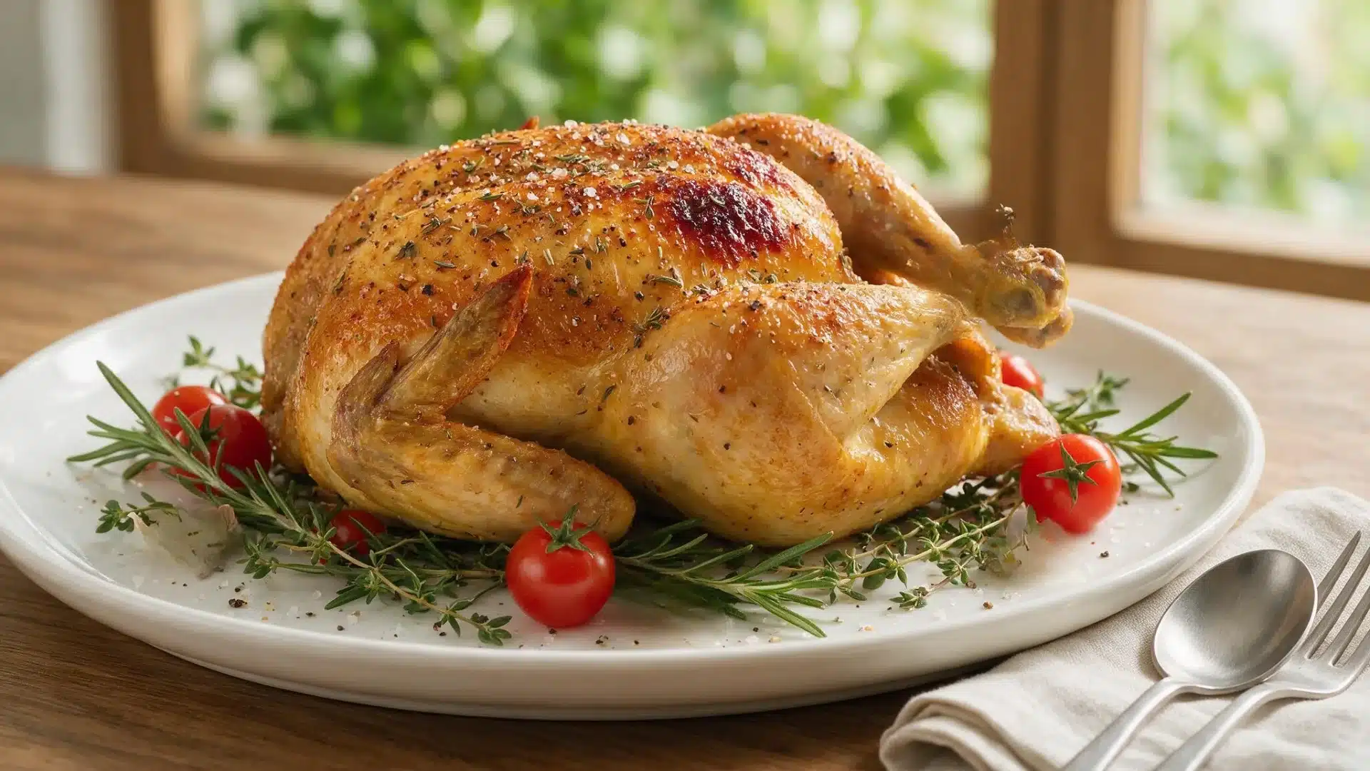 Whole roasted rotisserie chicken on a platter with fresh herbs and tomatoes