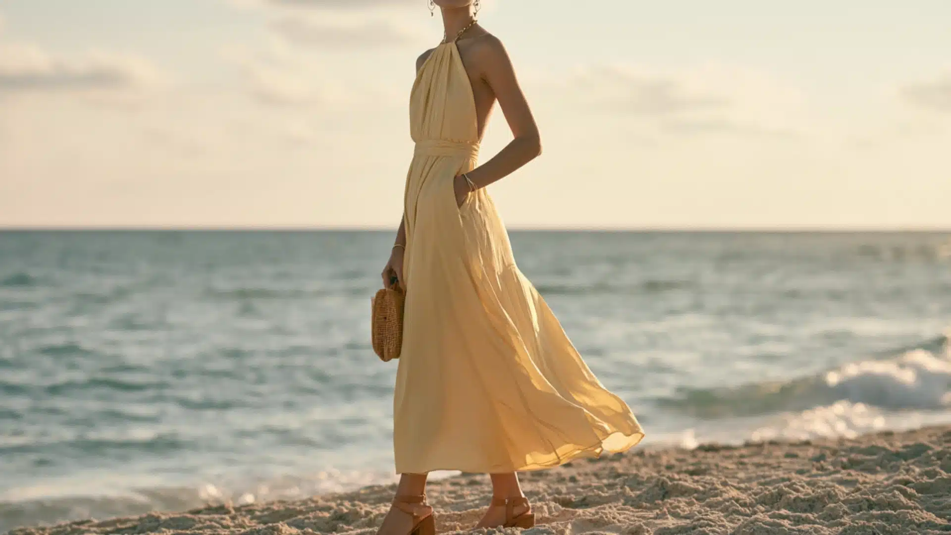woman wearing a butter yellow dress with side pockets holding sunglasses at a beach wedding with palm trees nearby