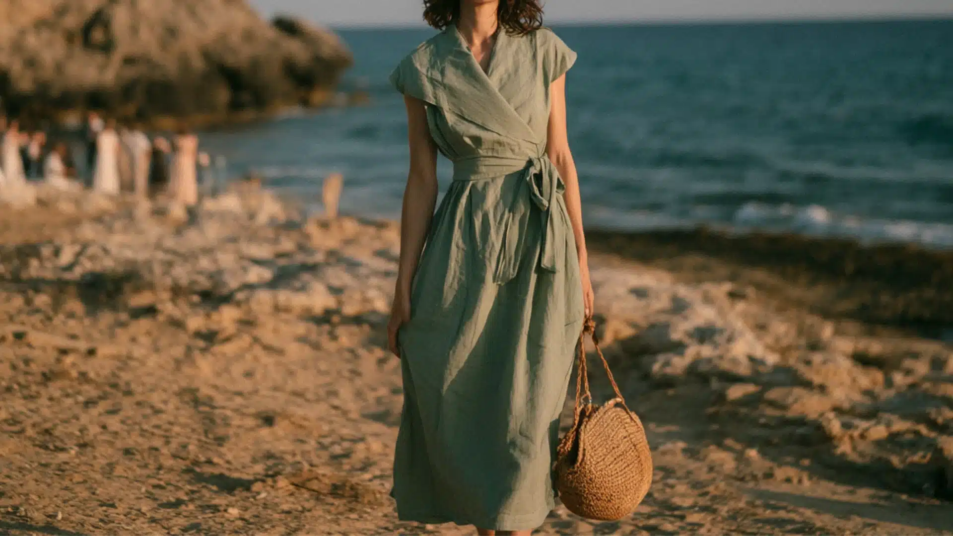 woman wearing a sage green wrap midi dress with a woven handbag standing at a beach wedding by the ocean