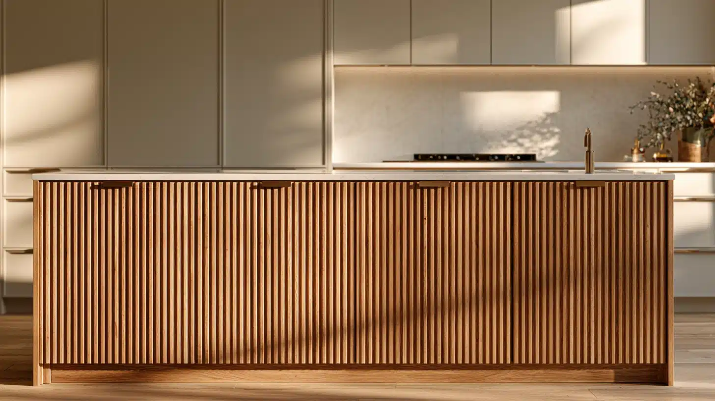 Wooden kitchen cabinets with reeded doors and a matching wooden island, creating a warm and inviting atmosphere.