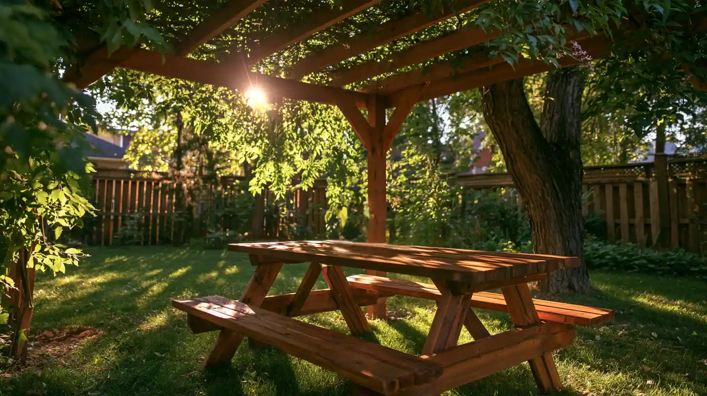 Wooden picnic table positioned beneath a vine-covered pergola in a backyard