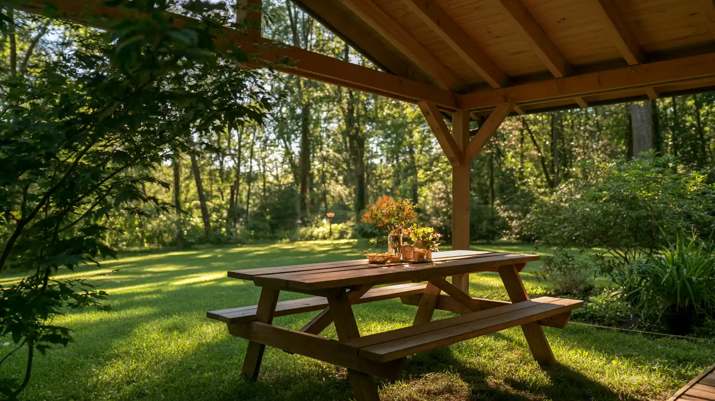 Wooden picnic table under a covered patio overlooking a spacious backyard garden