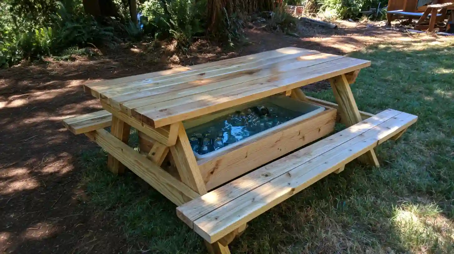 Wooden picnic table with a built-in cooler compartment for drinks and outdoor gatherings