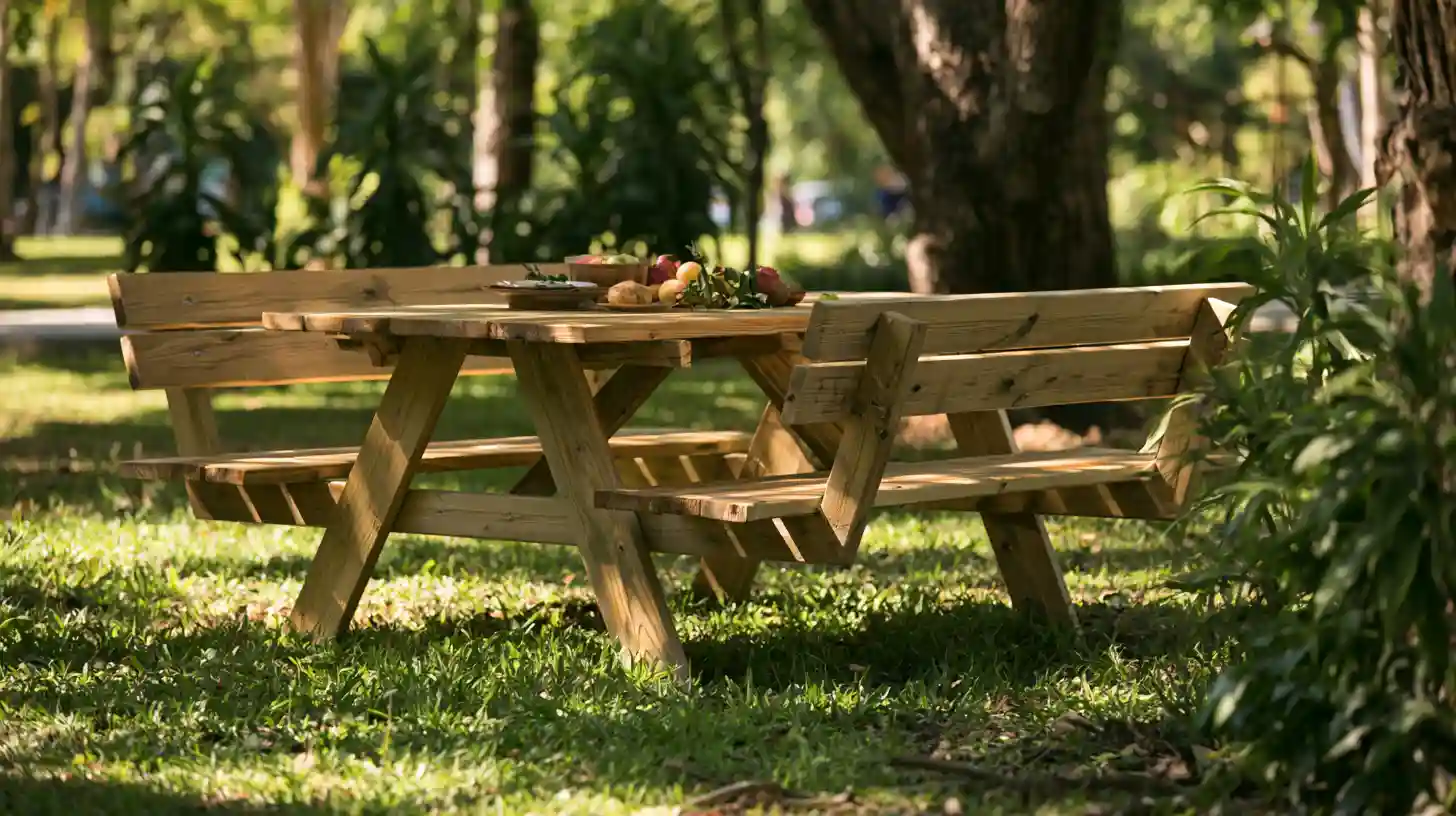 Wooden picnic table with built-in backrest benches in a park-like backyard