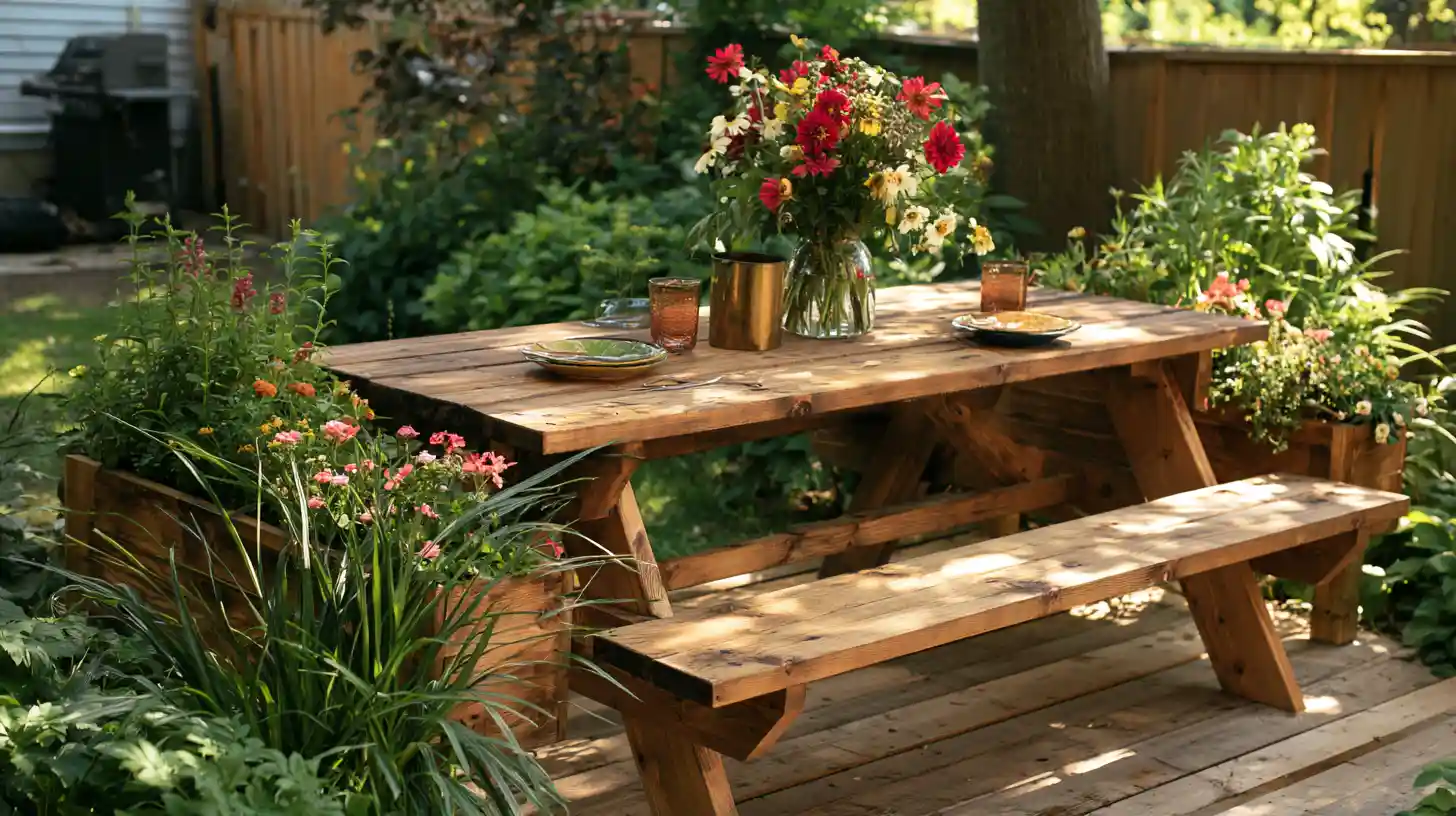 Wooden picnic table with integrated planter boxes decorated with fresh flowers on a backyard deck