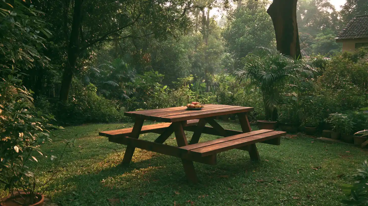 Wooden picnic table with spacious double bench seating in a landscaped garden