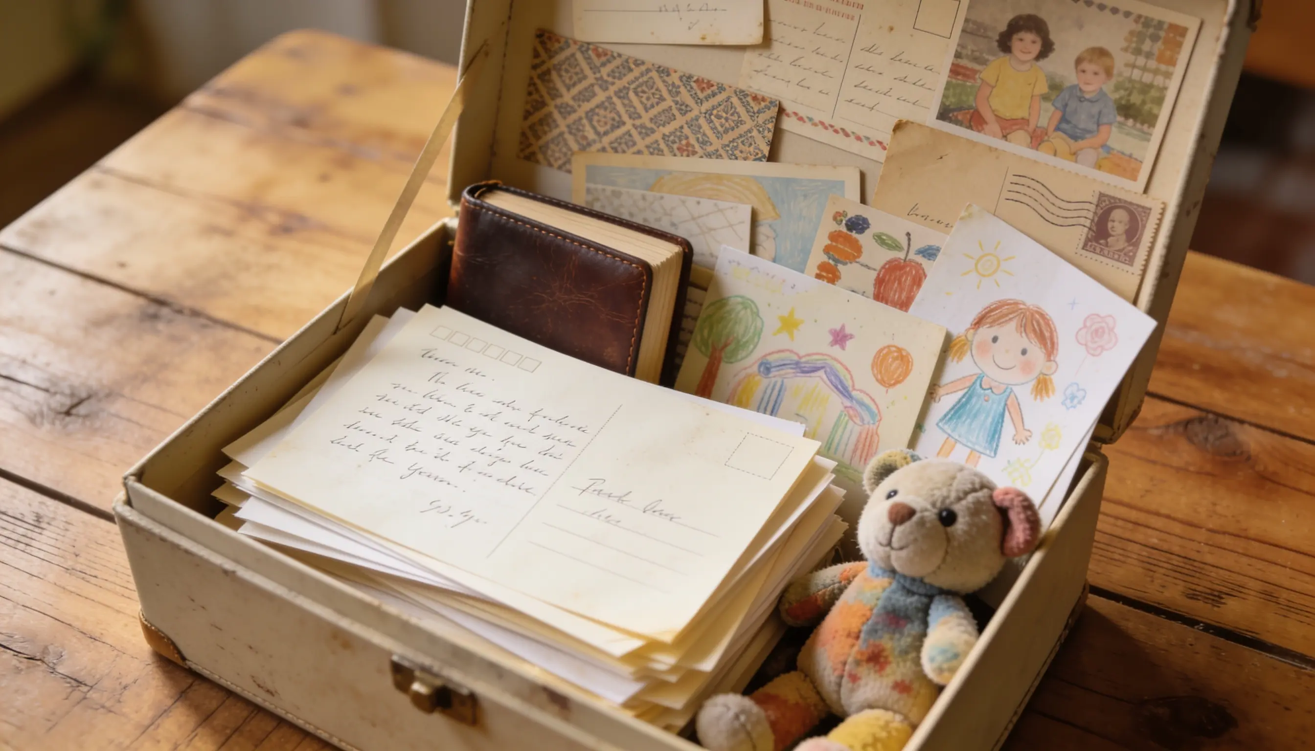 An open suitcase containing a stuffed animal and several letters arranged neatly inside.
