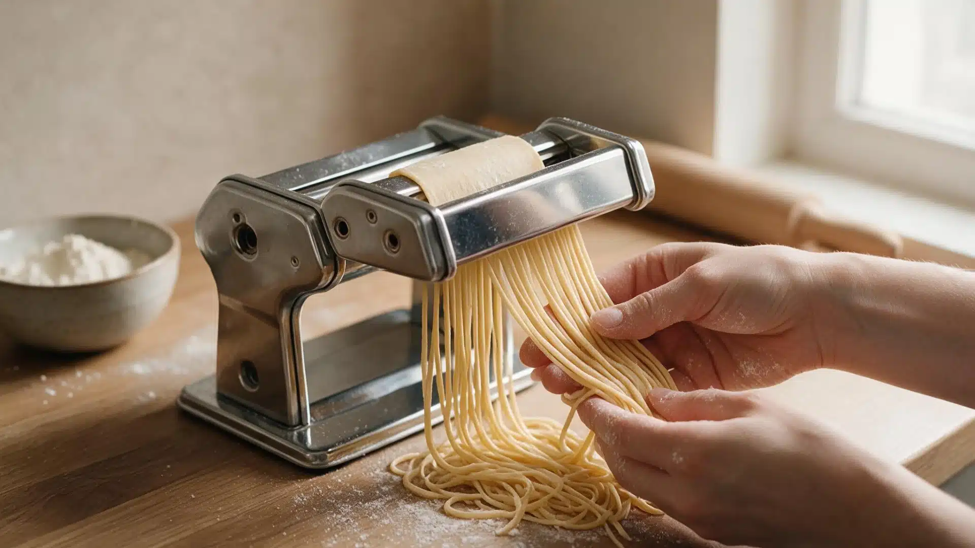 Hands guide fresh pasta through a stainless-steel pasta machine, with strands piling onto a floured wooden counter.