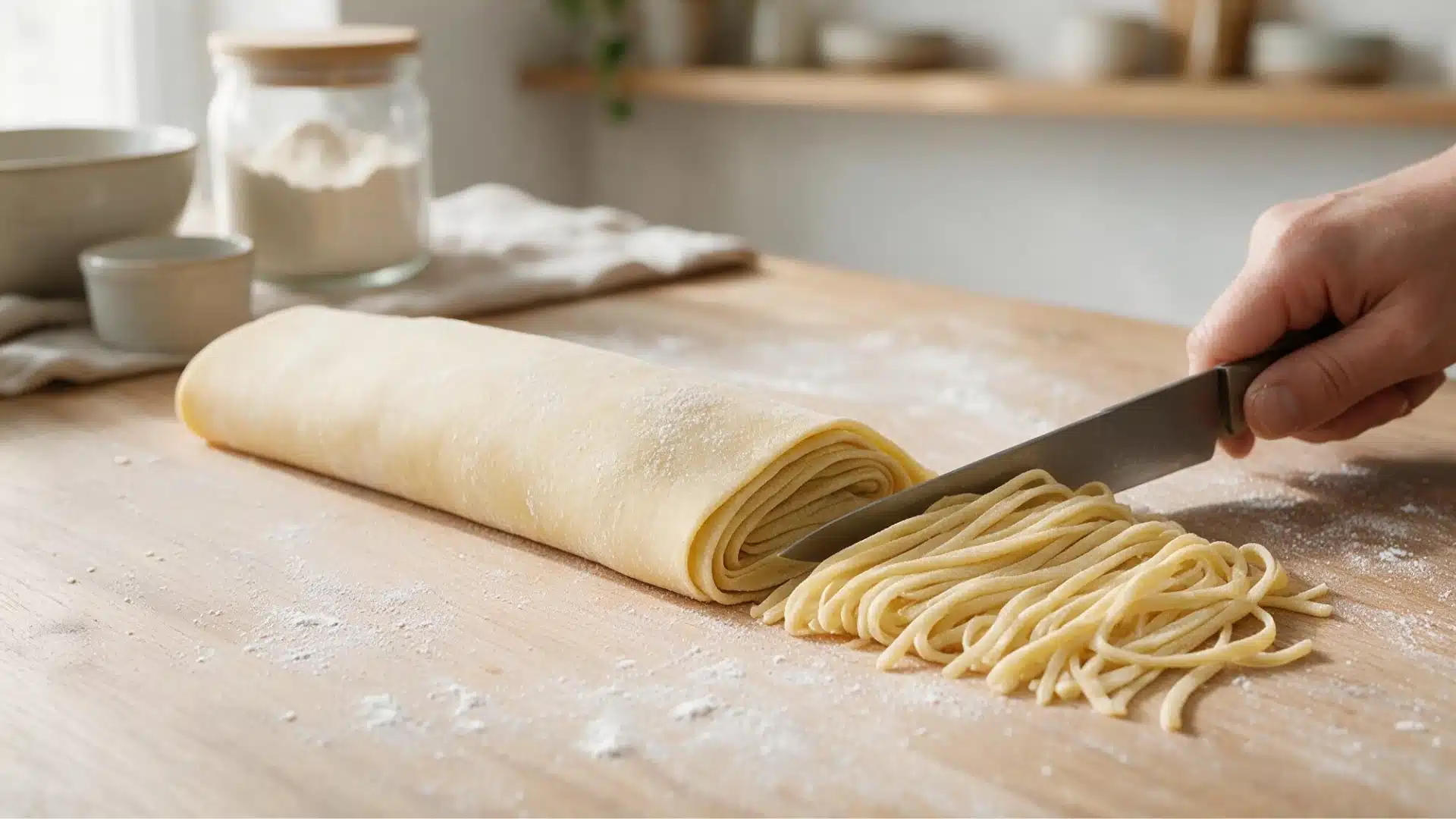 A hand slices a rolled sheet of pasta dough into noodles on a floured wooden work surface.