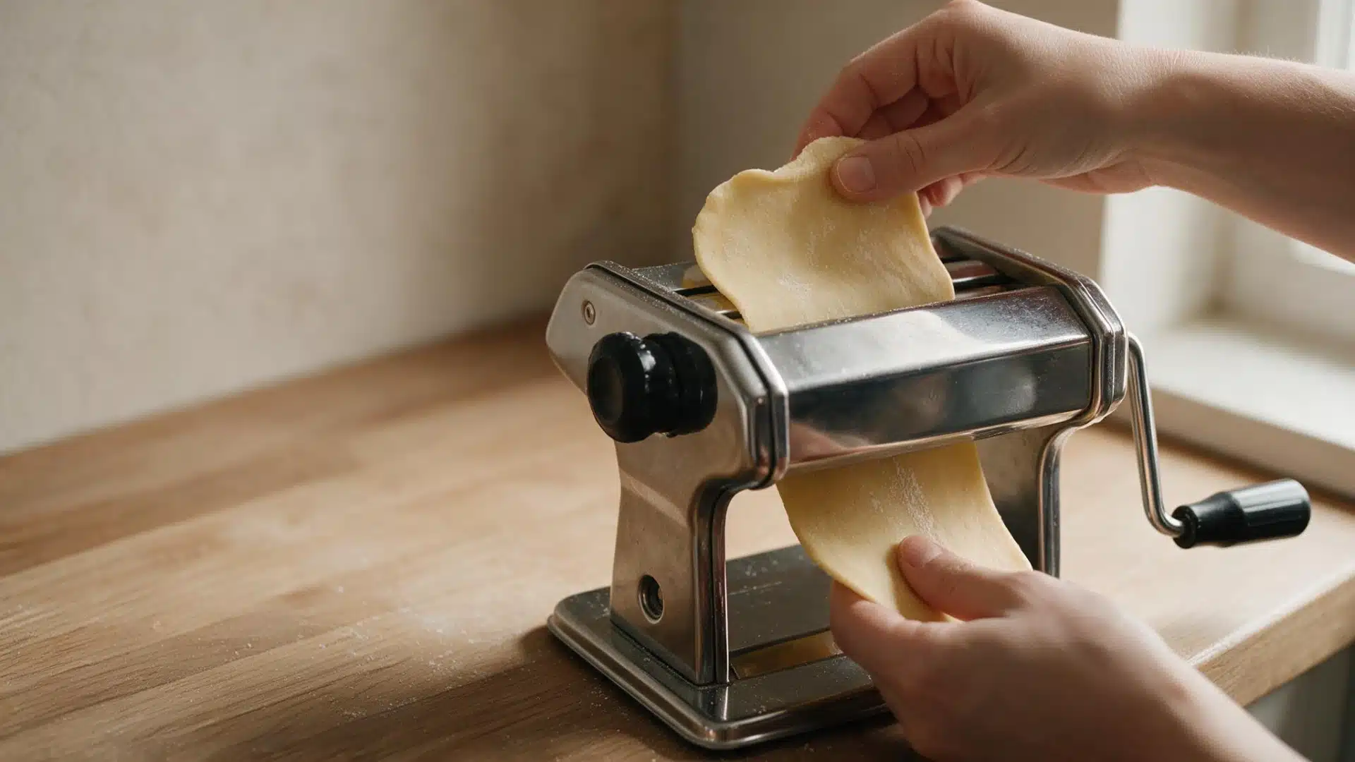 Hands feed a sheet of pasta through a metal hand-cranked pasta machine on a wooden countertop.