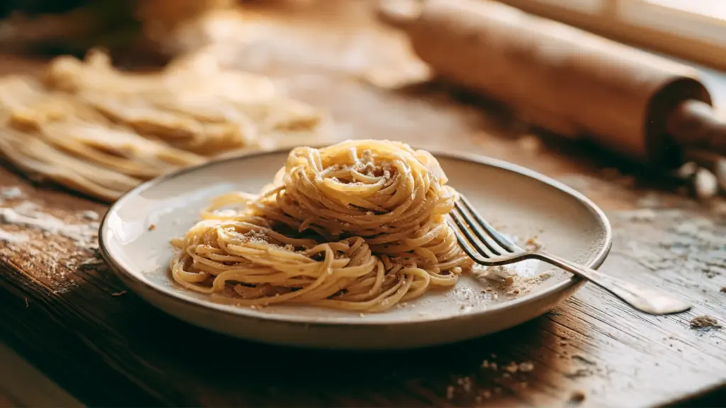 A plate of freshly prepared pasta sits on a rustic wooden table, accompanied by a fork and a rolling pin in the background.