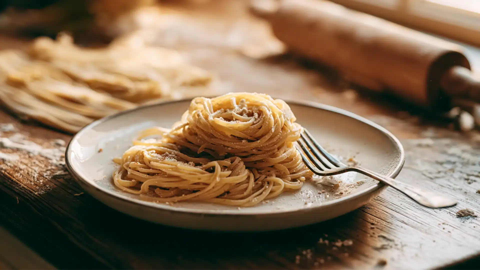 A plate of freshly prepared pasta sits on a rustic wooden table, accompanied by a fork and a rolling pin in the background.
