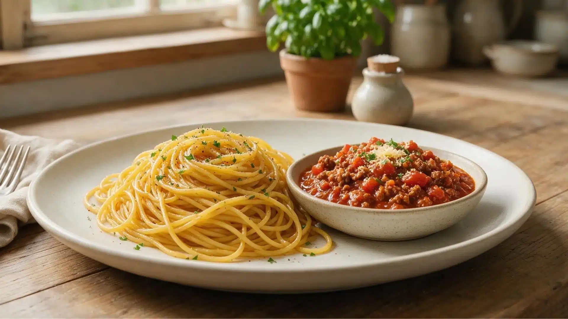 A plate holds spaghetti with herbs beside a bowl of chunky tomato and meat sauce on a wooden table.