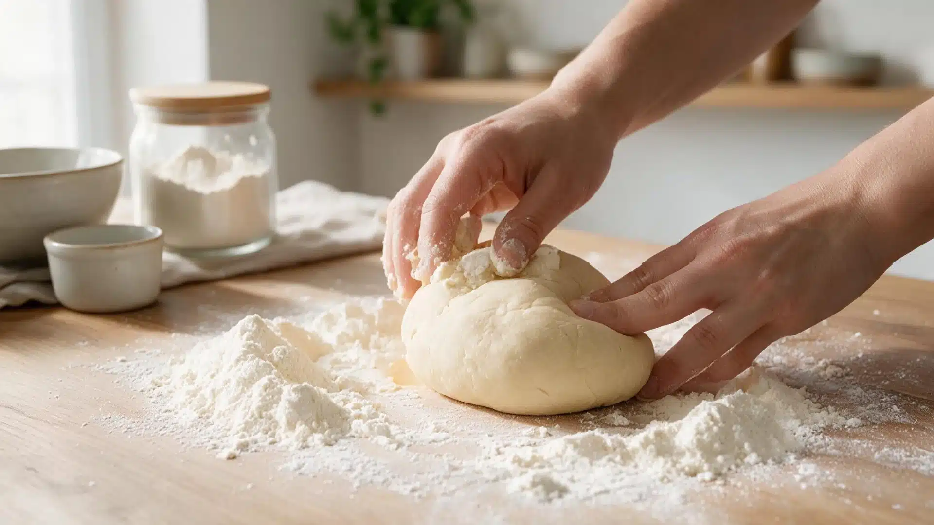 Hands knead a ball of dough on a floured wooden countertop beside a jar of flour, bowl, and measuring cup.