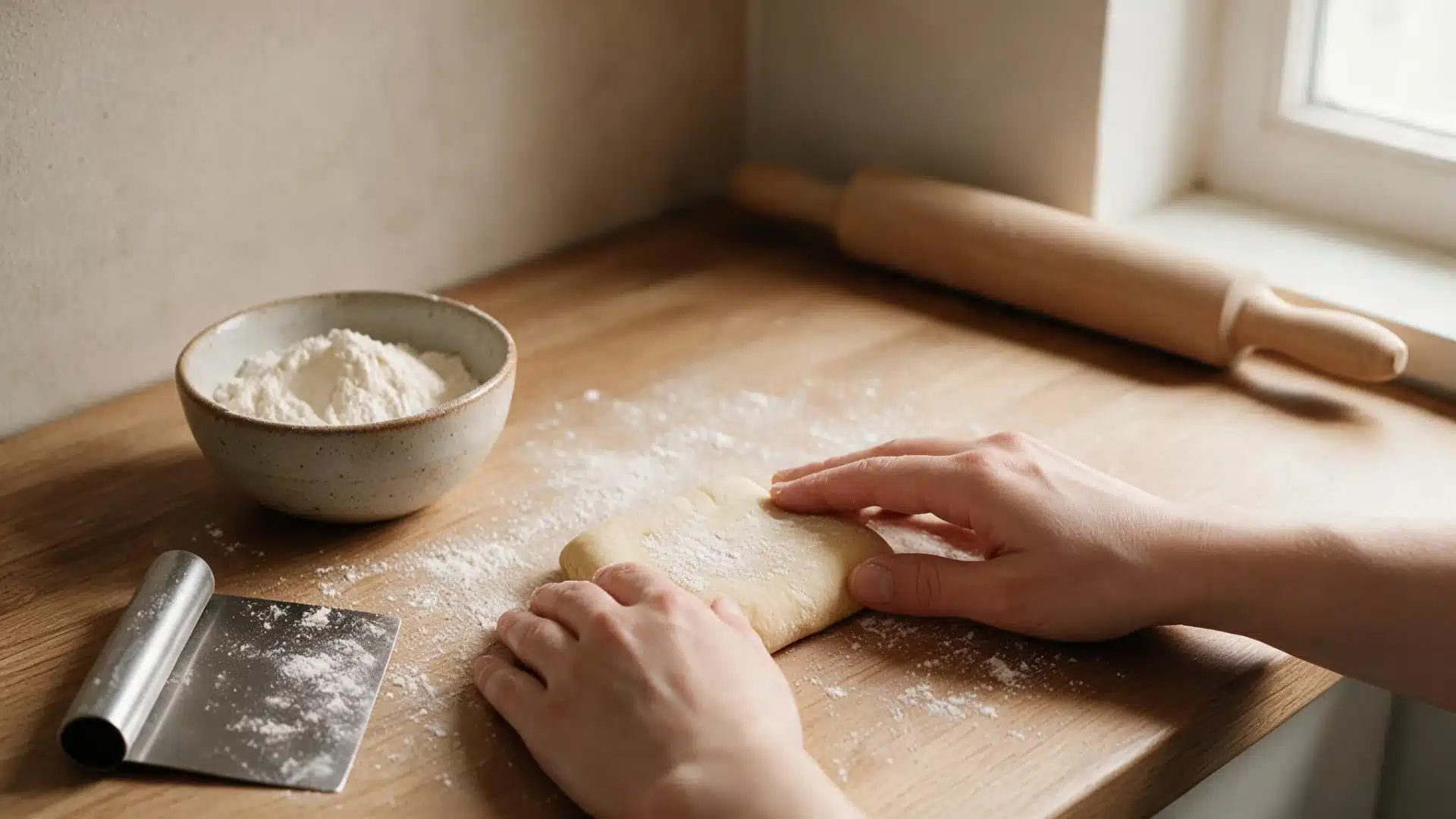 Hands shape dough on a floured wooden countertop beside a bowl of flour, bench scraper, and rolling pin.