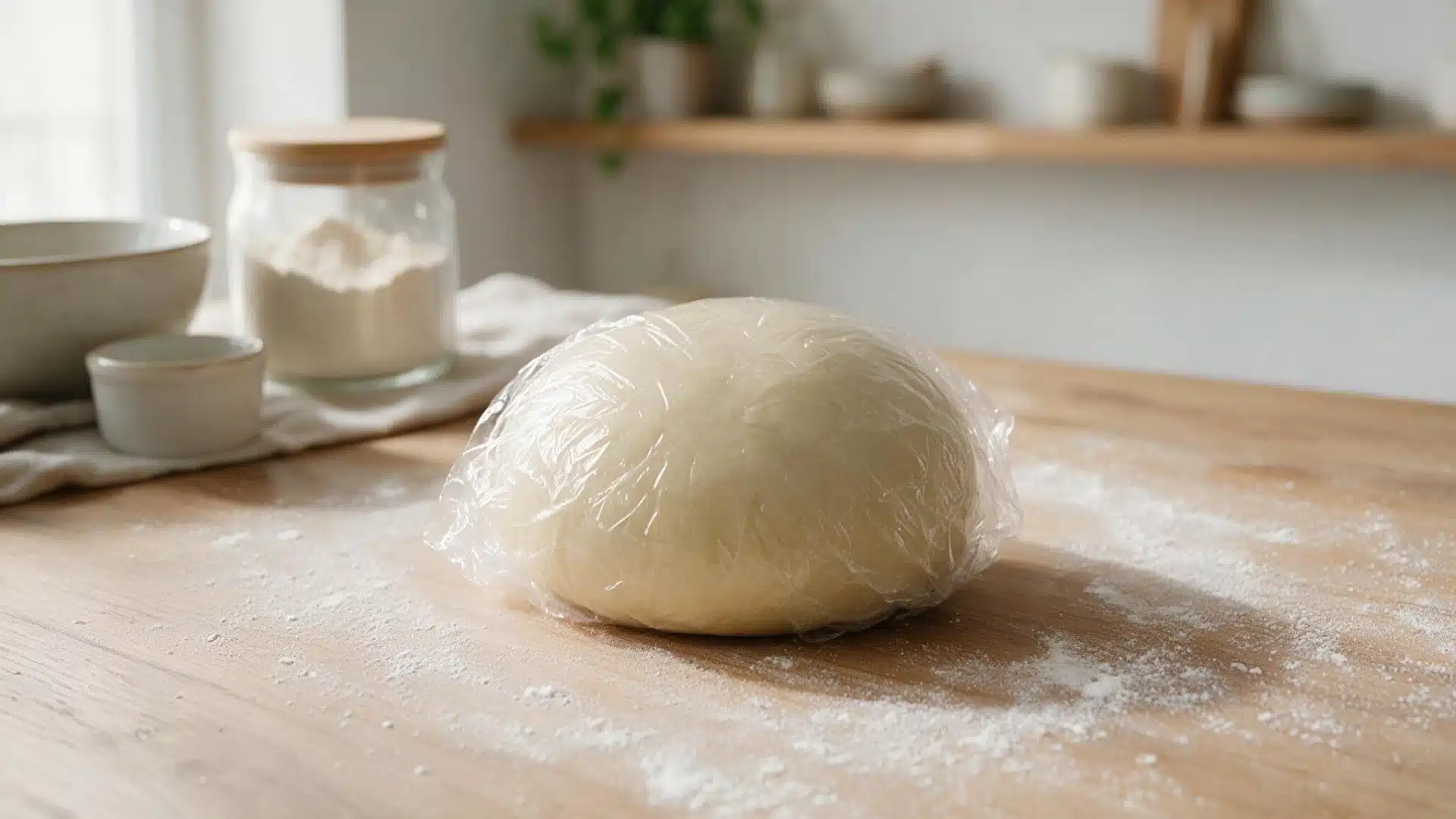 A ball of dough covered in plastic wrap rests on a floured wooden countertop, with bowls and a flour jar behind it.