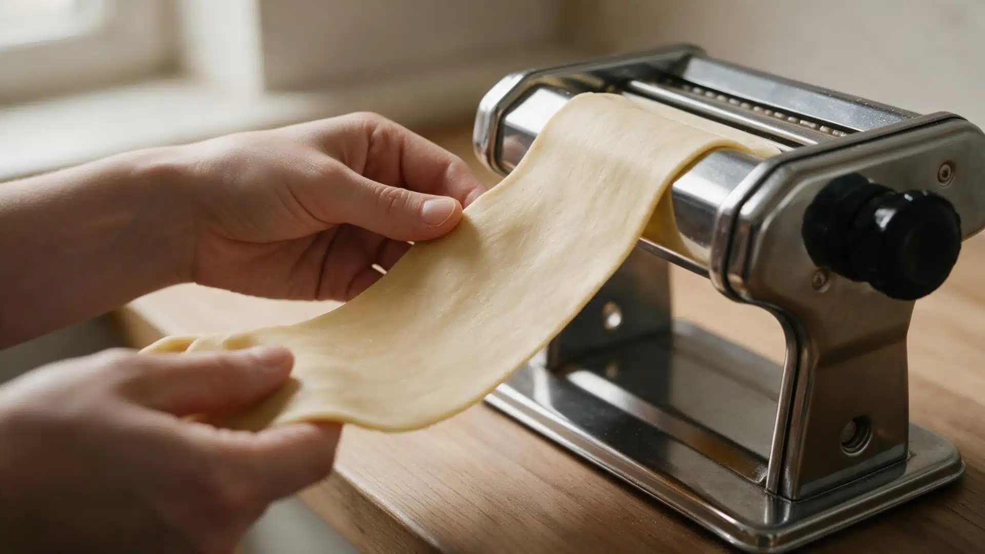 Hands feed a sheet of pasta dough through a stainless-steel pasta machine on a wooden countertop.