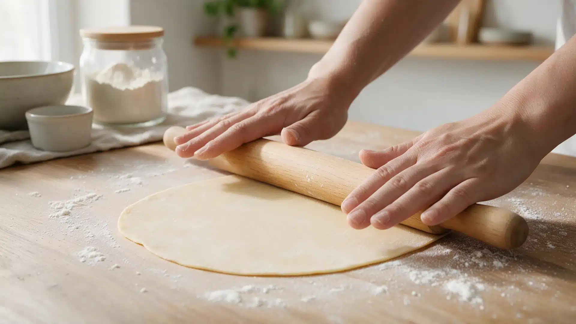 Hands roll a wooden pin over a round sheet of dough on a flour-dusted wooden counter, with a flour jar and bowl nearby.