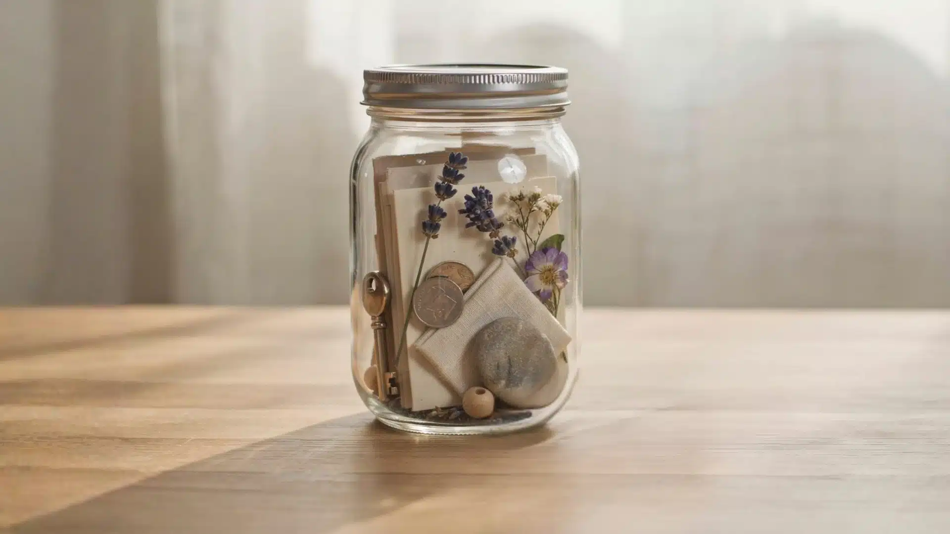 A glass mason jar filled with mementos including dried lavender, small stones, folded notes, and a key, resting on a wooden tabletop in soft natural light.