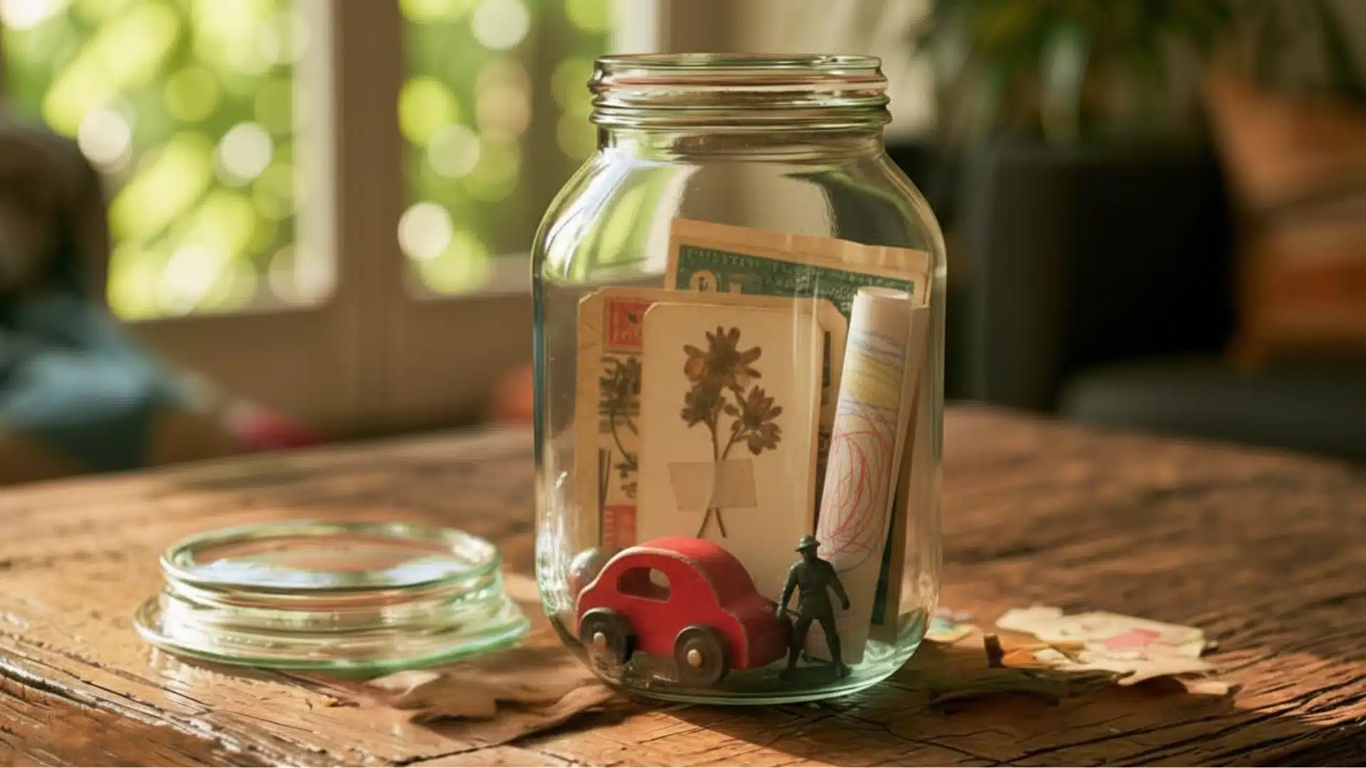 Glass jar on a wooden table holding postcards, a red toy car, and a small figurine, with its lid beside it in a sunlit room.