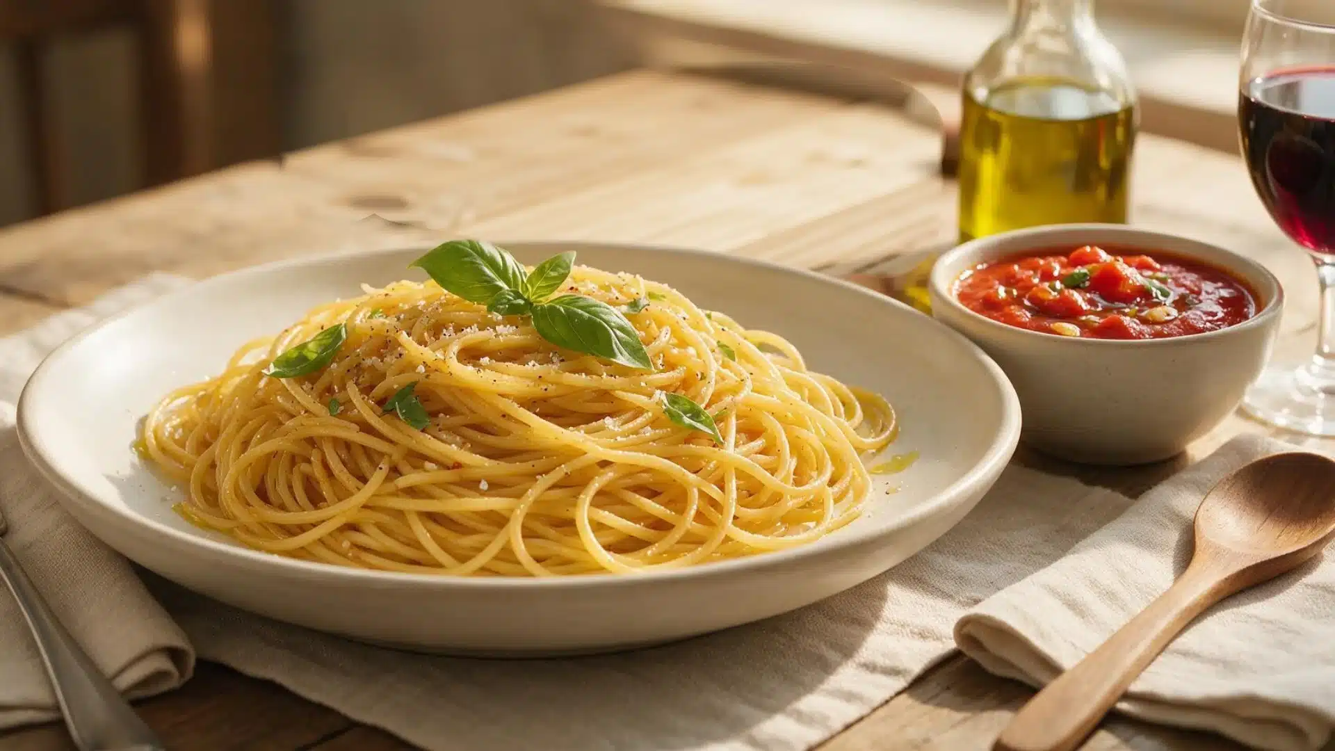 A plate of spaghetti topped with basil and grated cheese sits beside tomato sauce, olive oil, red wine, and wooden utensils.