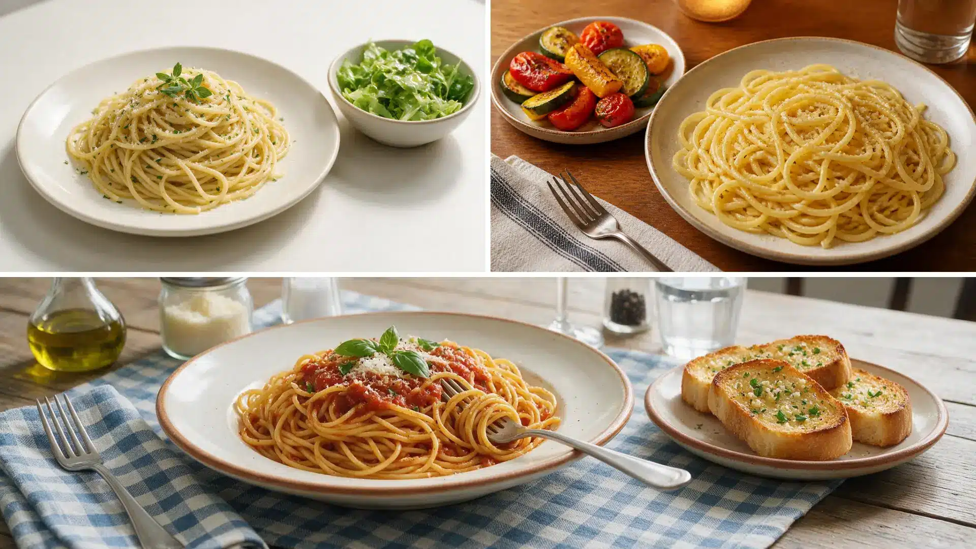 Collage showing three plates of spaghetti: creamy pasta with salad, pasta with roasted vegetables, and tomato pasta with garlic bread.