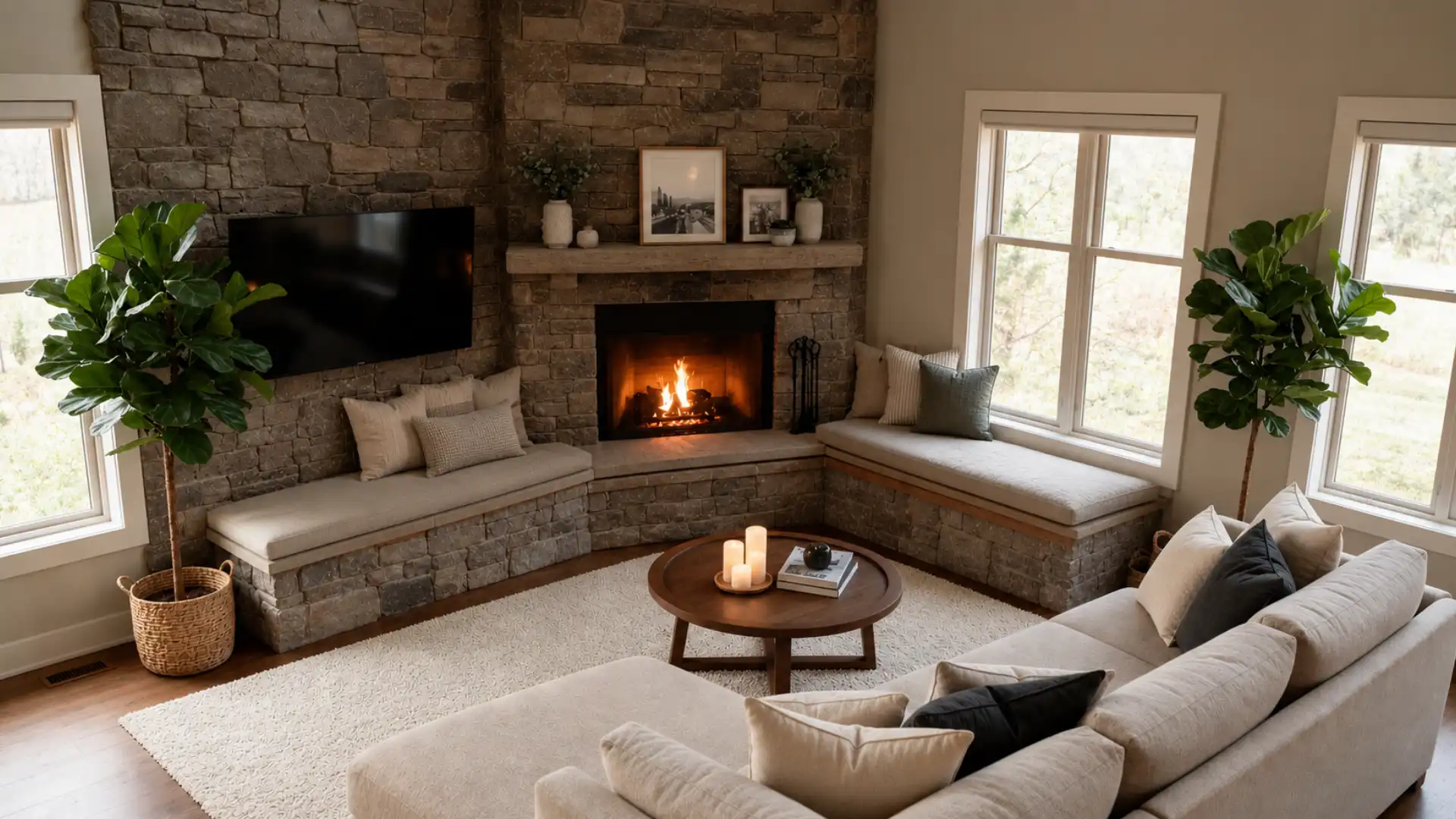 Corner fireplace with a raised hearth used as seating beside a sofa with cushions