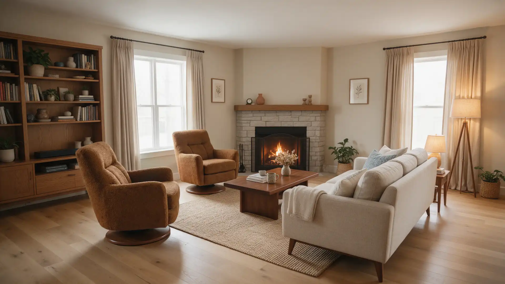 Two swivel chairs and a sofa arranged around a coffee table beside a corner fireplace