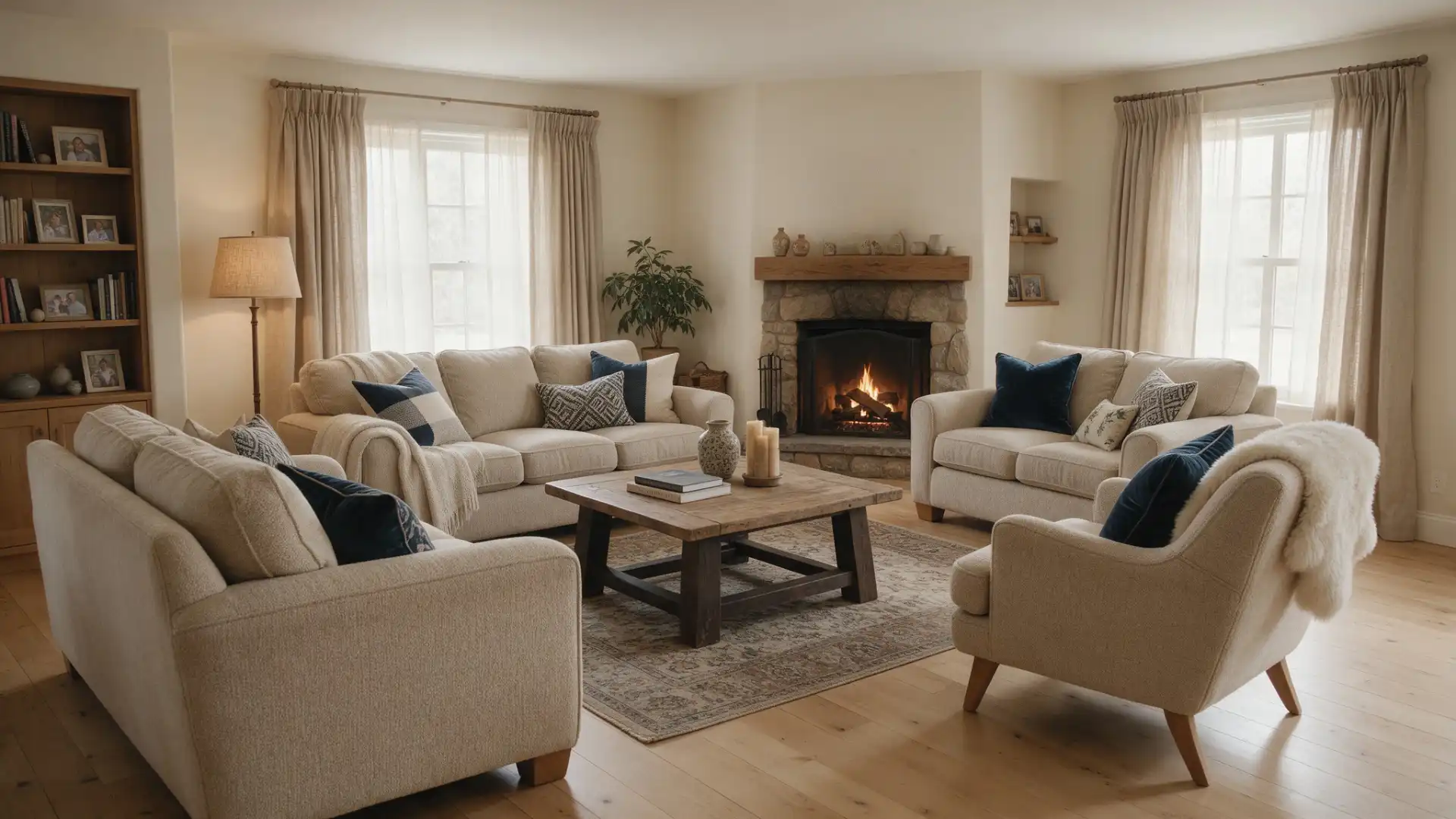 U-shaped living room seating around a coffee table with a corner fireplace at the open end